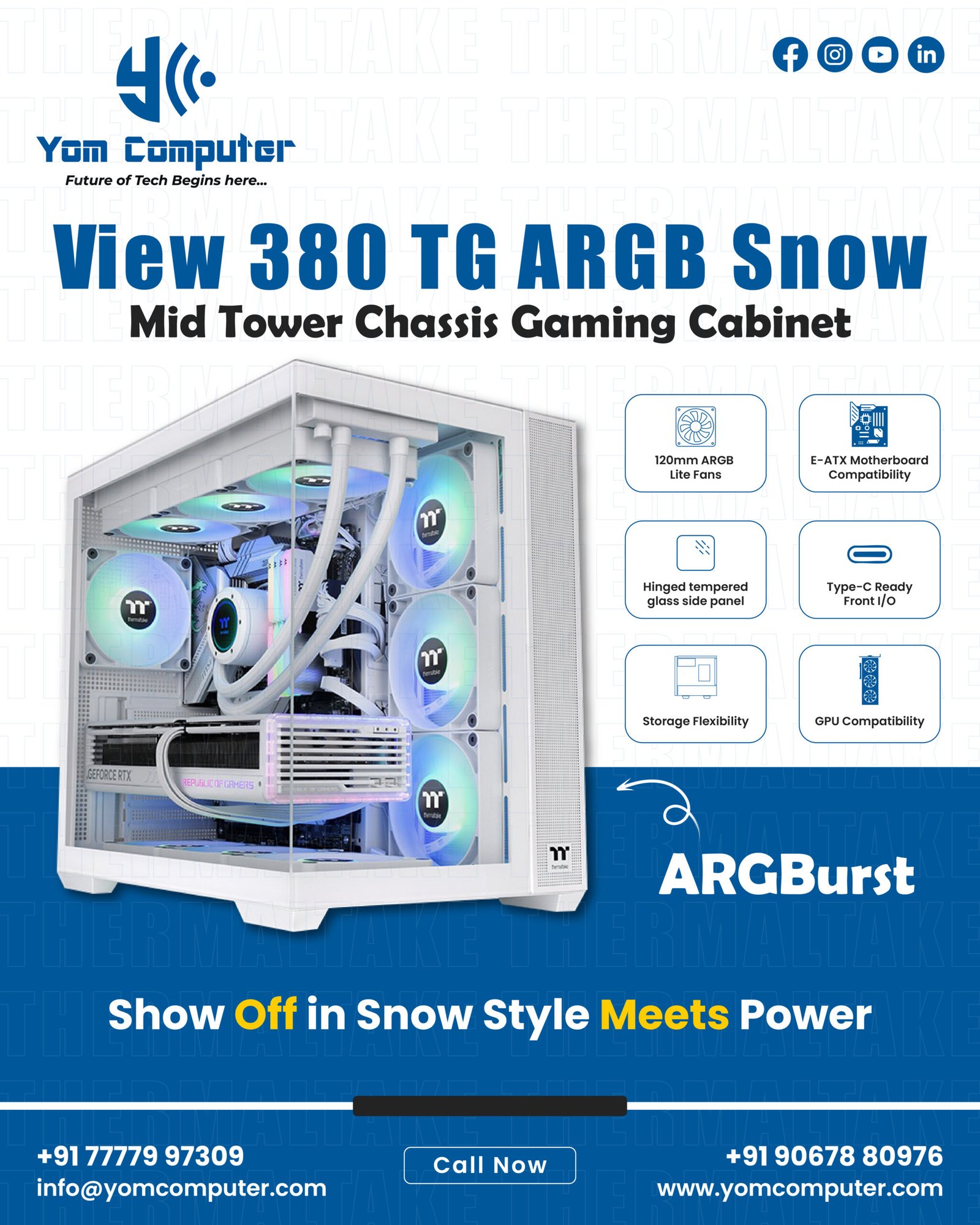 Experience the perfect blend of style and power with the Thermaltake View 380 TG ARGB Snow. Its pristine white finish, dazzling ARGB lighting, and clear tempered glass panel make it an ideal choice for the best gaming PC builds in Ahmedabad, available at YOM Computer.