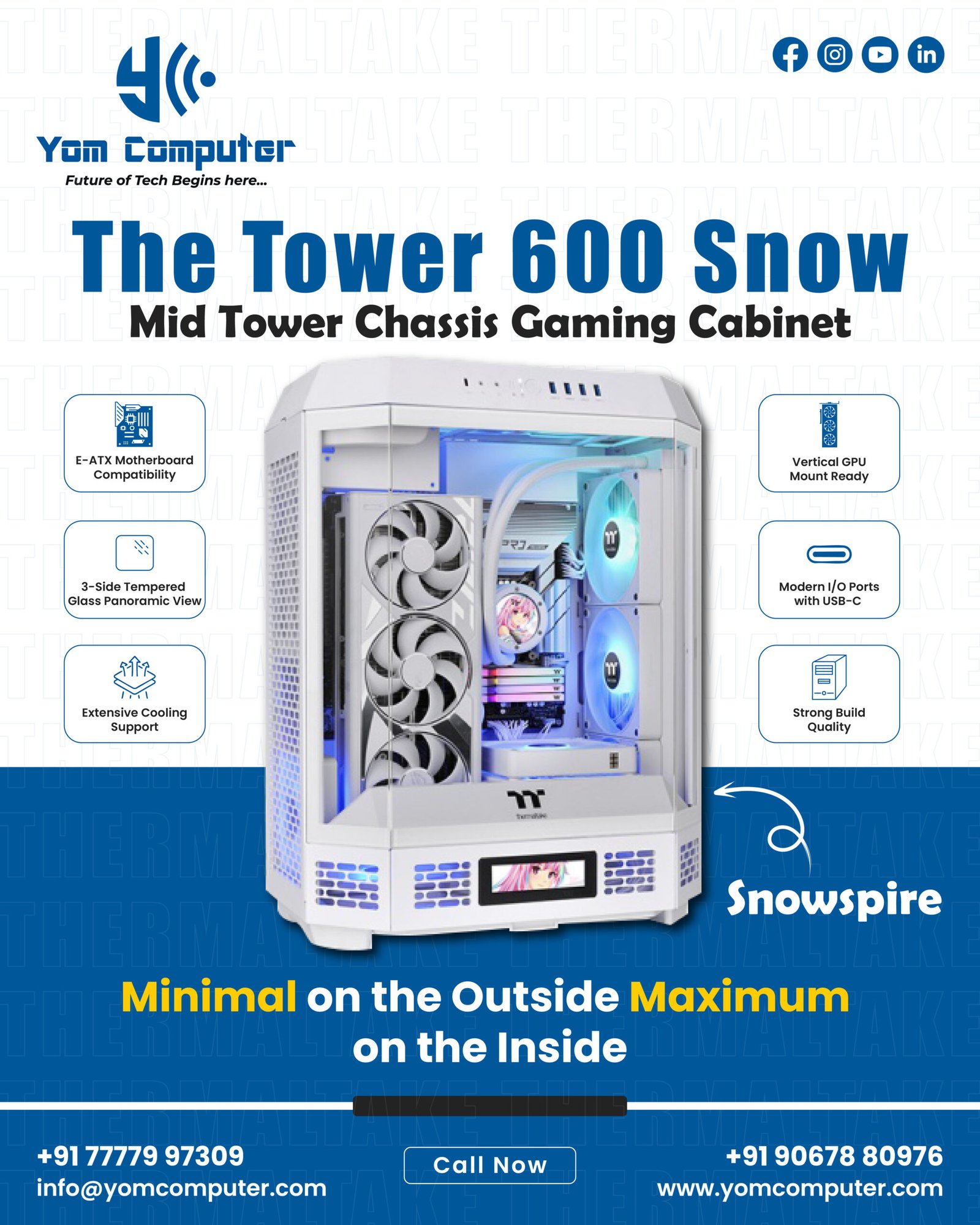 Build your dream gaming rig with the Tower 600 Snow by Thermaltake. Its sleek design, extensive cooling support, and vertical GPU mounting make it the perfect case for showcasing powerful components.