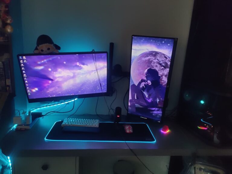 RGB gaming desk setup with dual monitors by YOM Computer Ahmedabad